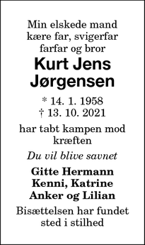 Dødsannoncen for Kurt Jens
Jørgensen - Holeby