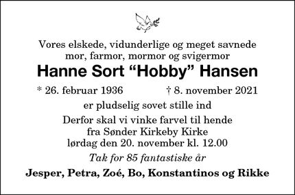 Dødsannoncen for Hanne Sort “Hobby” Hansen - Sønder Kirkeby