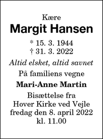 Dødsannoncen for Margit Hansen - Vejle