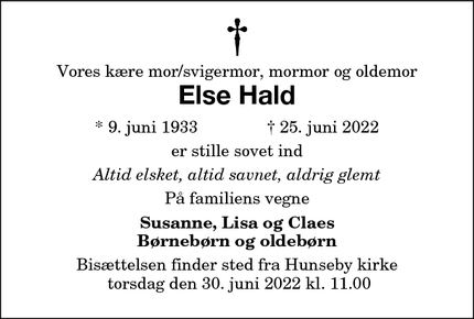 Dødsannoncen for Else Hald - Maribo