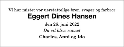 Dødsannoncen for Eggert Dines Hansen - Nykøbing F