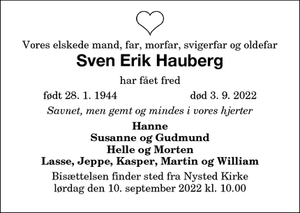 Dødsannoncen for Sven Erik Hauberg - nysted