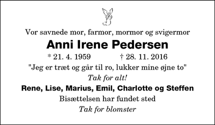 Dødsannoncen for Anni Irene Pedersen - Sakskøbing
