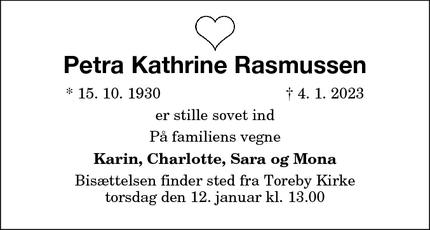 Dødsannoncen for Petra Kathrine Rasmussen - Toreby L