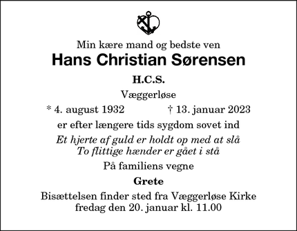 Dødsannoncen for Hans Christian Sørensen - Væggerløse