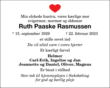 Dødsannoncen for Ruth Paaske Rasmussen - Sakskøbing