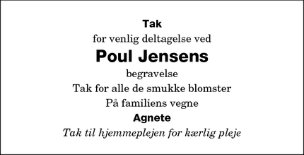 Dødsannoncen for Poul Jensens  - Eskilstrup
