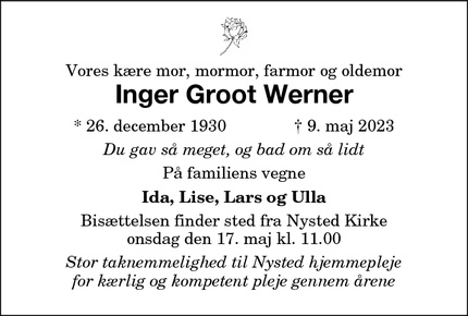 Dødsannoncen for Inger Groot Werner - Nysted