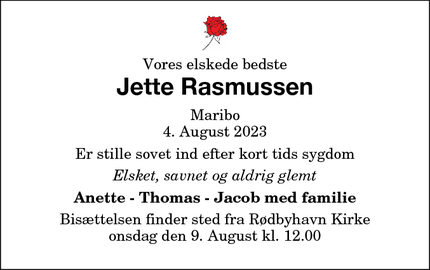 Dødsannoncen for Jette Rasmussen - Maribo