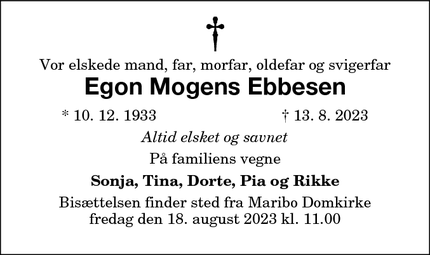 Dødsannoncen for Egon Mogens Ebbesen - Maribo