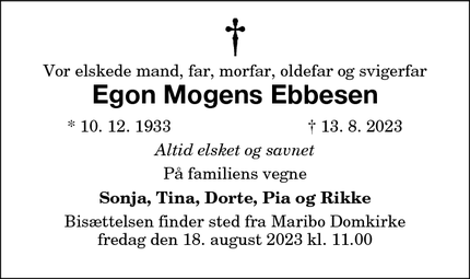 Dødsannoncen for Egon Mogens Ebbesen - Maribo