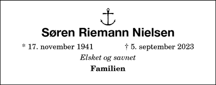 Dødsannoncen for Søren Riemann Nielsen - Nysted