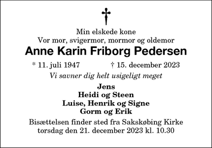 Dødsannoncen for Anne Karin Friborg Pedersen - Hillerød