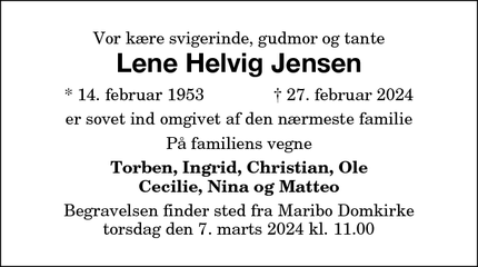 Dødsannoncen for Lene Helvig Jensen - Maribo