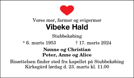 Dødsannoncen for Vibeke Hald - Stubbekøbing