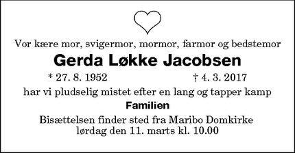 Dødsannoncen for Gerda Løkke Jacobsen - Vesterborg