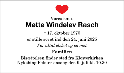 Dødsannoncen for Mette Windelev Rasch - Nykøbing Falster