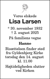 Dødsannoncen for Lisa Larsen - 4840 Nr. Alslev