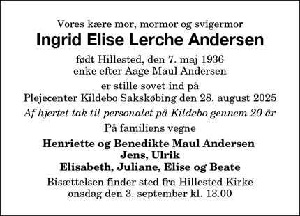 Dødsannoncen for Ingrid Elise Lerche Andersen - Sakskøbing, født Hillested