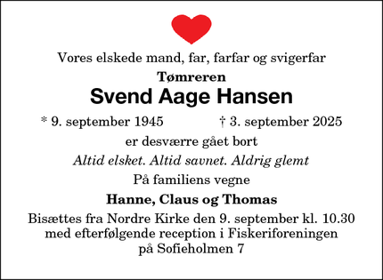 Dødsannoncen for Svend Aage Hansen - Nykøbing Falster
