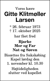 Dødsannoncen for Gitte Klitmøller Larsen - Nakskov