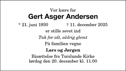 Dødsannoncen for Gert Asger Andersen - Lolland falster