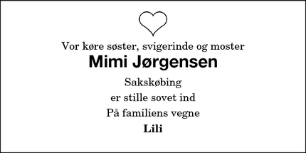 Dødsannoncen for Mimi J&oslash;rgensen - Sakskøbing