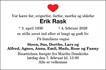 Dødsannoncen for Erik Rask - Maribo