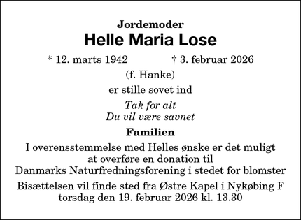Dødsannoncen for Helle Maria Lose - Maribo