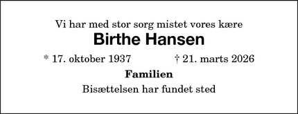 Dødsannoncen for Birthe Hansen - Nykøbing F