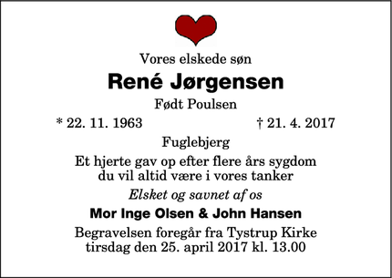 Dødsannoncen for René Jørgensen - Fuglebjerg