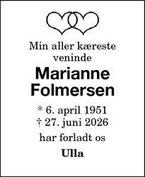 Dødsannoncen for Marianne
Folmersen - nykøbing falster