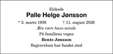 Dødsannoncen for Palle Helge J&oslash;nsson - Nykøbing F