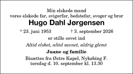 Dødsannoncen for Hugo Dahl J&oslash;rgensen - Nykøbing Falster