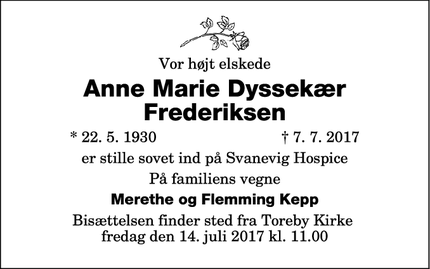 Dødsannoncen for Anne Marie Dyssekær Frederiksen - Toreby