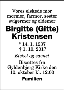 Dødsannoncen for Birgitte (Gitte)
Kristensen - Orehoved,Nørre Alslev