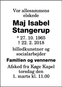 Dødsannoncen for Maj Isabel Stangerup - Abed