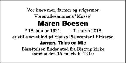 Dødsannoncen for Maren Boesen - Birkerød