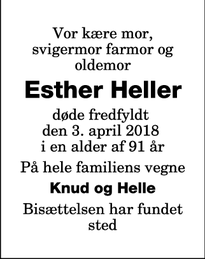 Dødsannoncen for Esther Heller - Nykøbing F