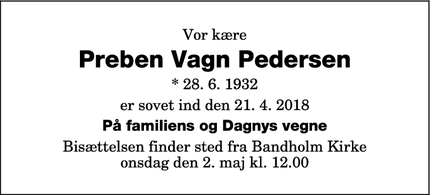 Dødsannoncen for Preben Vagn Pedersen - Bandholm