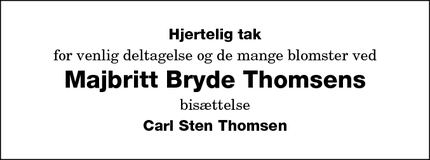 Dødsannoncen for Majbritt Bryde Thomsens - Nykøbing F