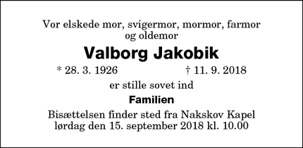 Dødsannoncen for Valborg Jakobik - Nakskov