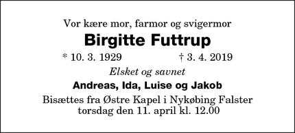 Dødsannoncen for Birgitte Futtrup - Stubbekøbing