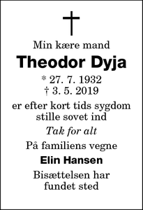 Dødsannoncen for Theodor Dyja - Nykøbing F