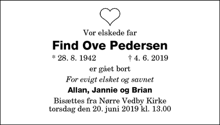 Dødsannoncen for Find Ove Pedersen - Nørre alslev