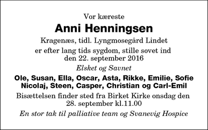Dødsannoncen for Anni Henningsen - Kragenæs