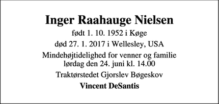 Dødsannoncen for Inger Raahauge Nielsen - Wellesley USA