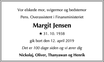 Dødsannoncen for  Margit Jensen - Borup
