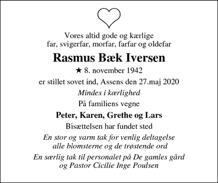 Dødsannoncen for Rasmus Bæk Iversen - Mariager