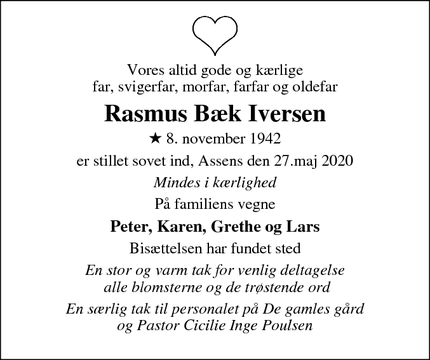 Dødsannoncen for Rasmus Bæk Iversen - Mariager